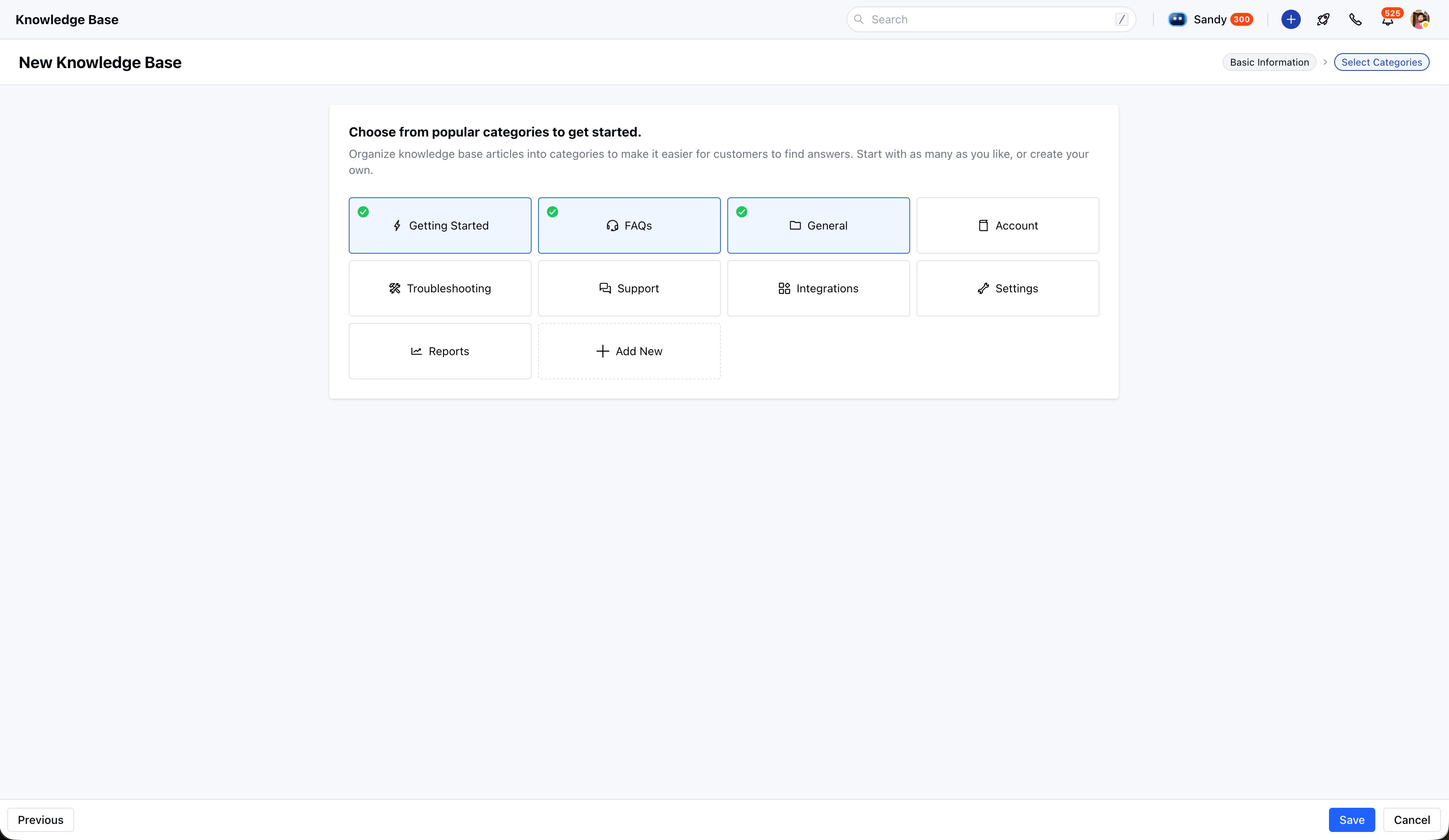 Knowledge Base - Select categories