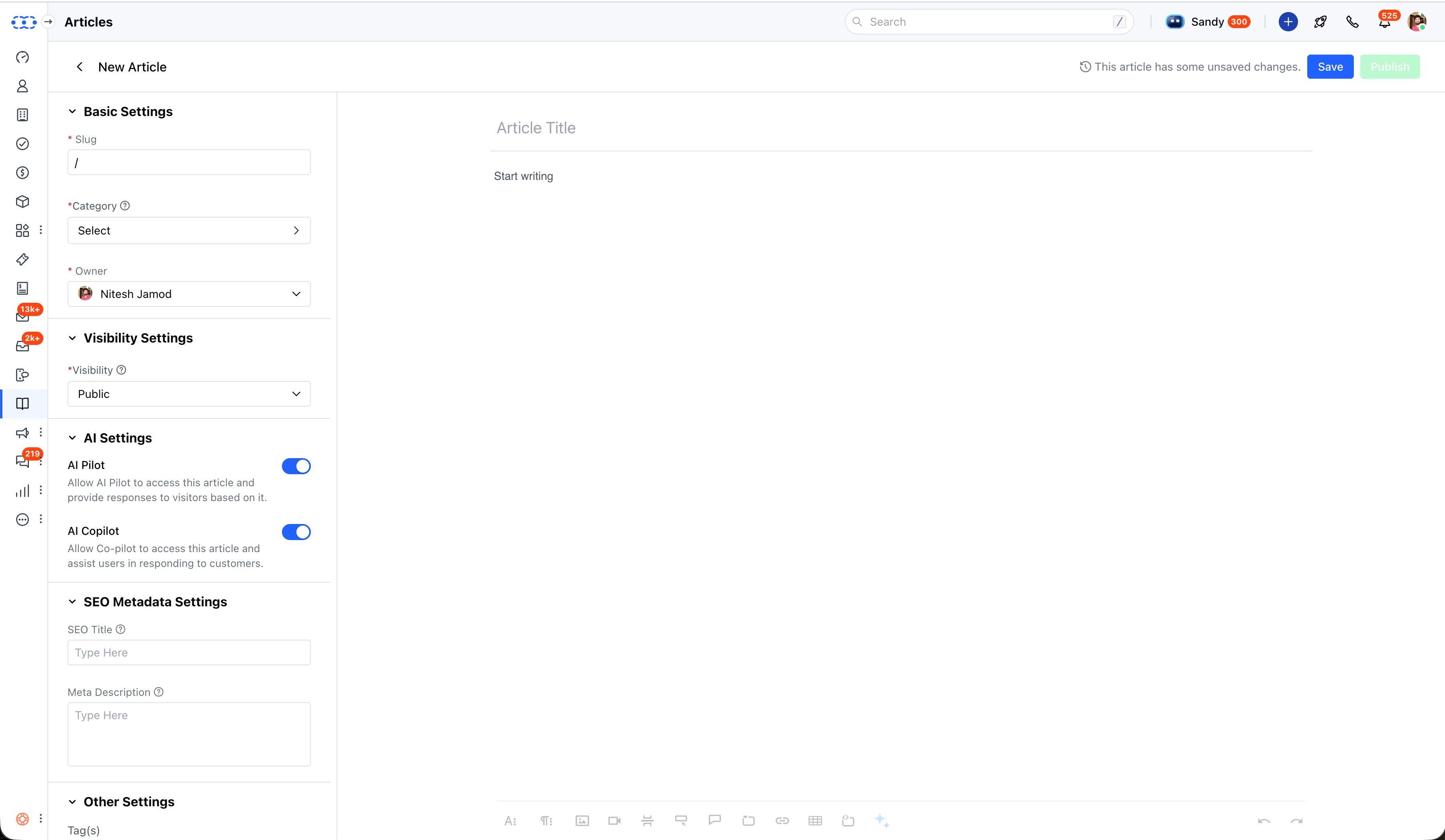 Knowledge Base - Article editor · AI Pilot and AI Copilot toggles