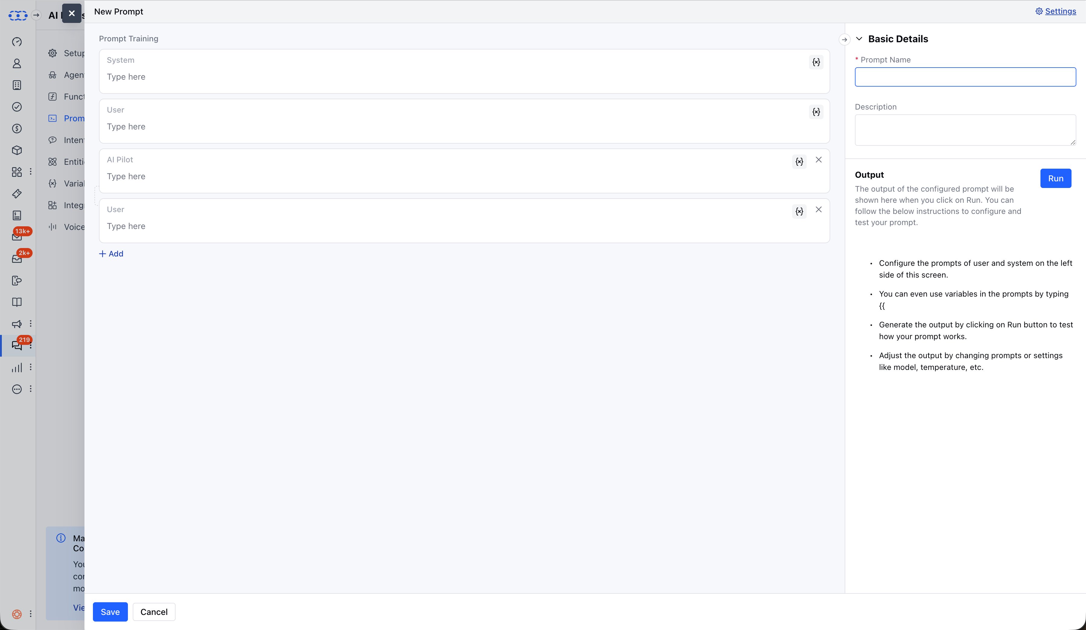 New Prompt - System, User, and AI Pilot fields with Run output