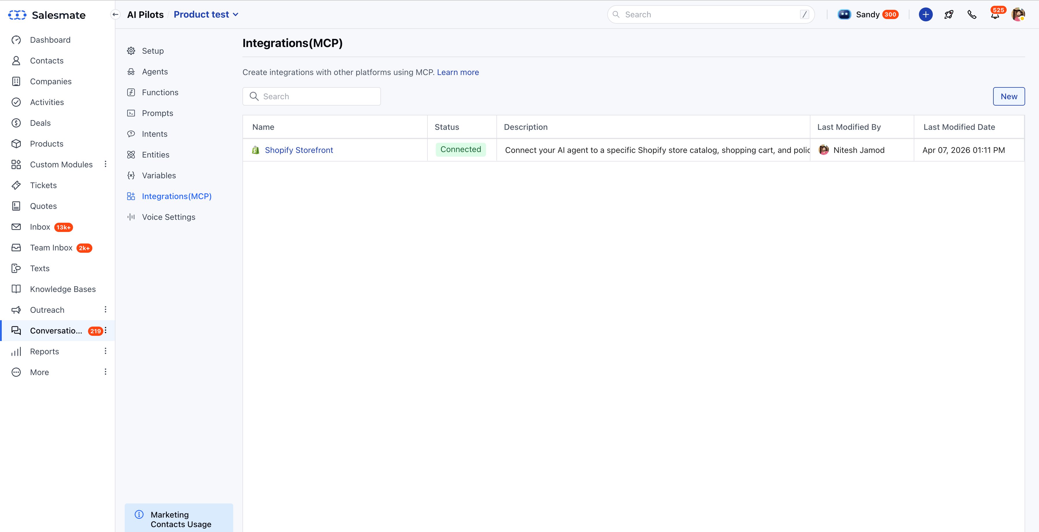 Integrations (MCP) - Shopify Storefront connected