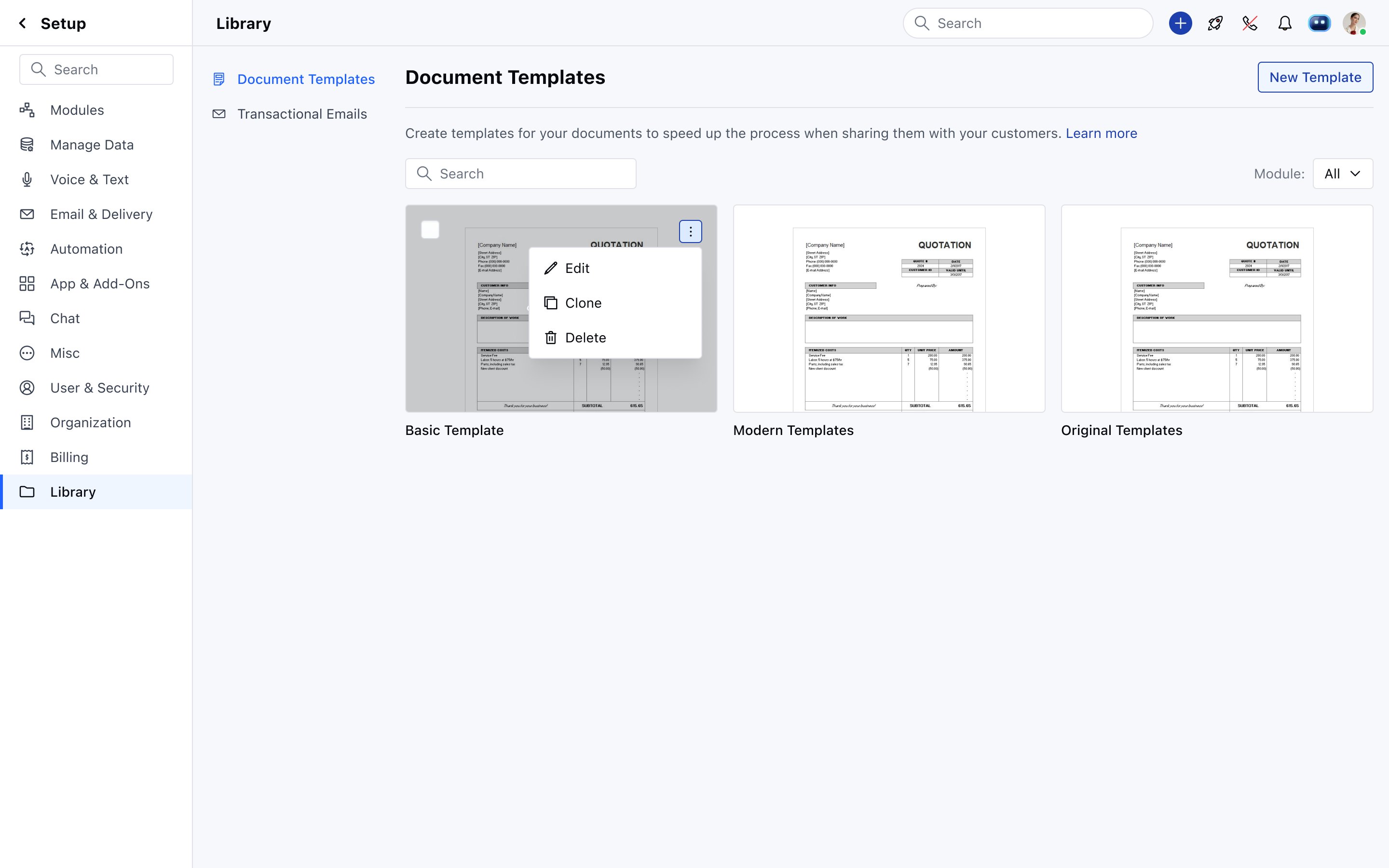 Document Templates listing - Basic, Modern, and Original default templates with Edit/Clone/Delete actions