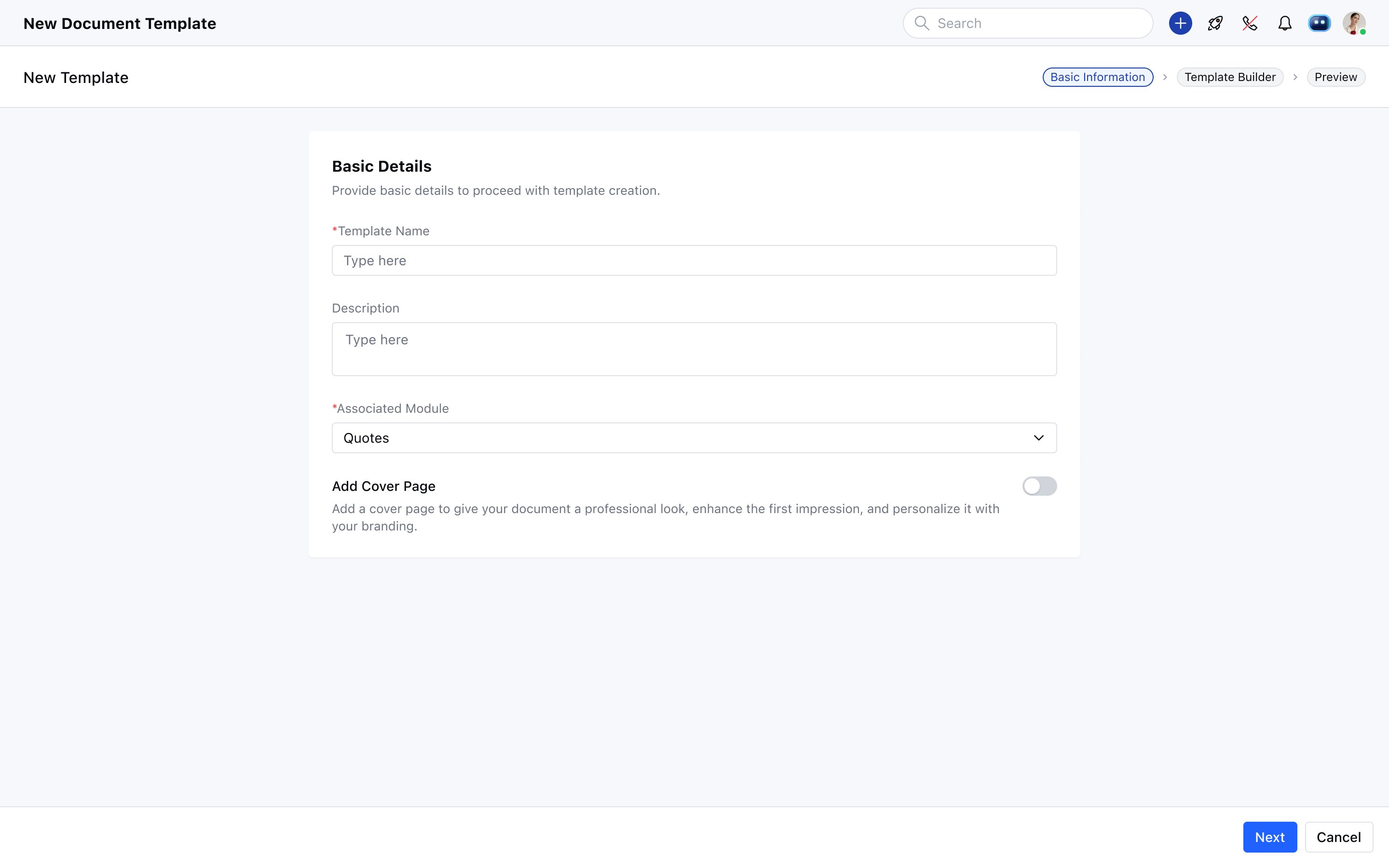 Cover Page OFF - 3-step flow: Basic Information → Template Builder → Preview