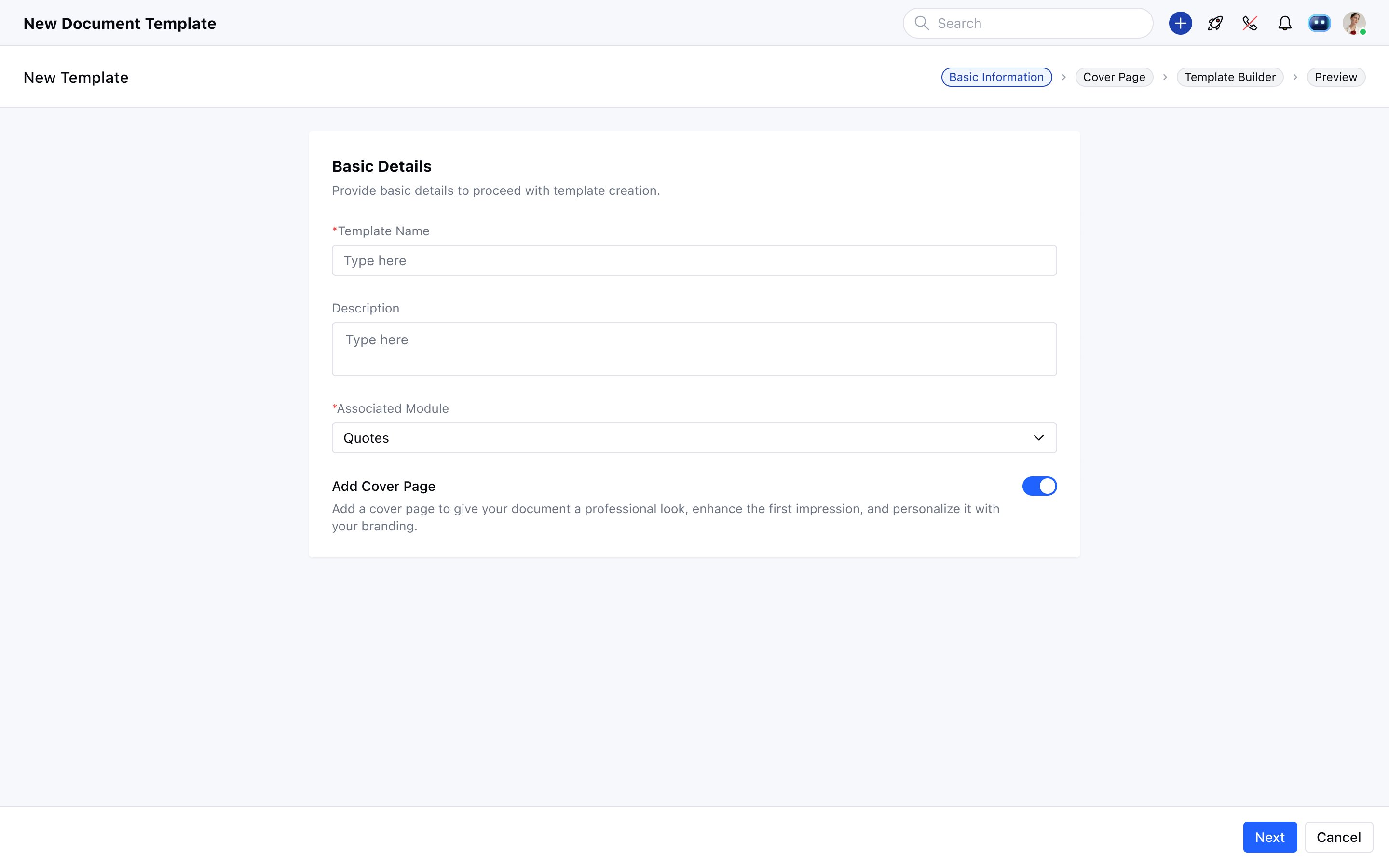 Cover Page ON - 4-step flow: Basic Information → Cover Page → Template Builder → Preview