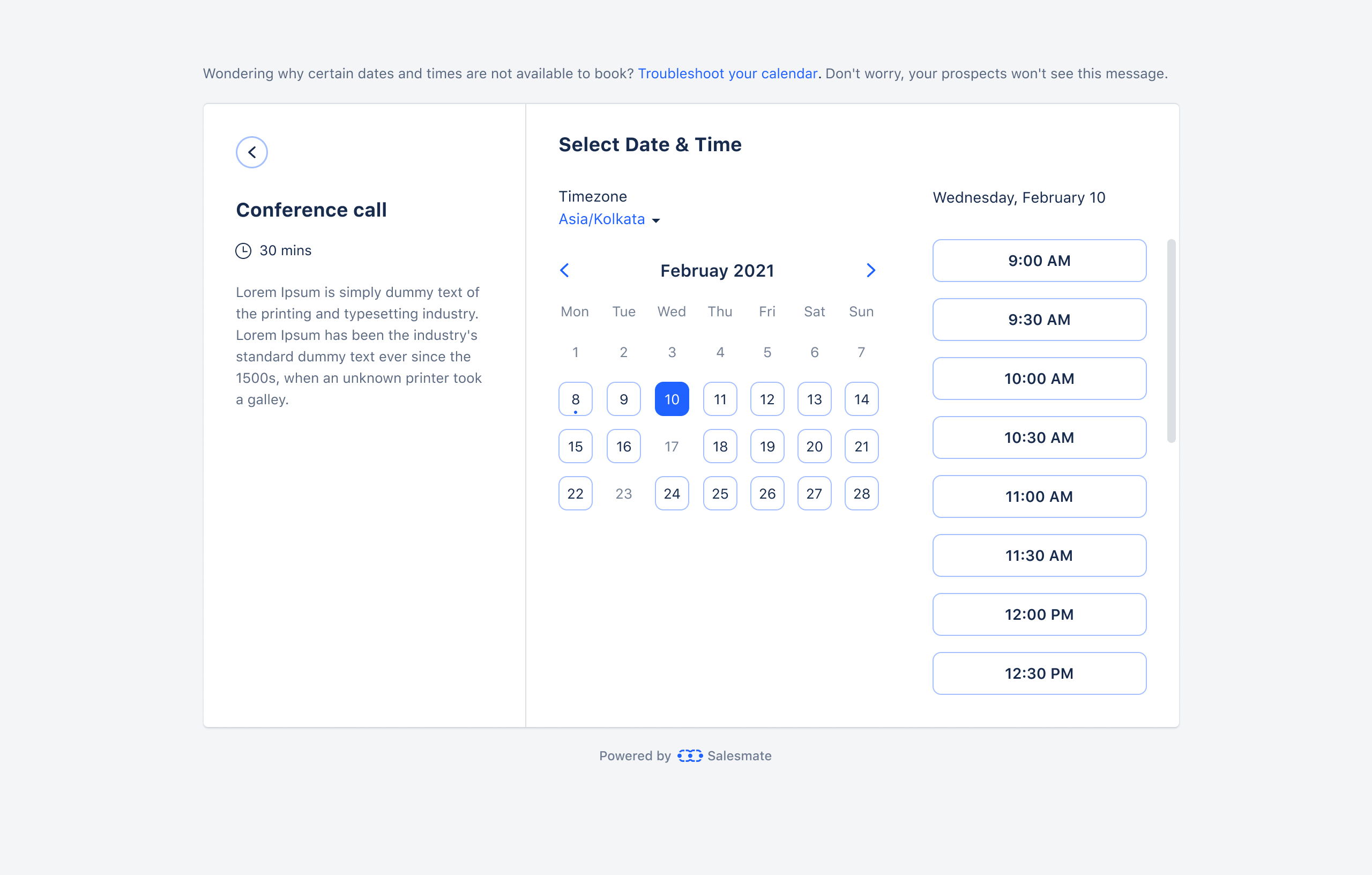 Customer-facing booking page - conference call with date picker and available timeslots