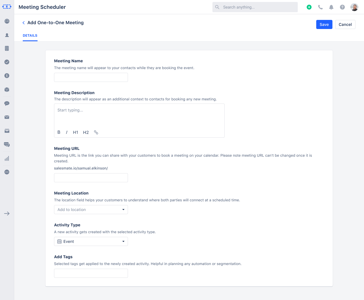 Add One-to-One Meeting - core form: name, description, URL, location, activity type, tags