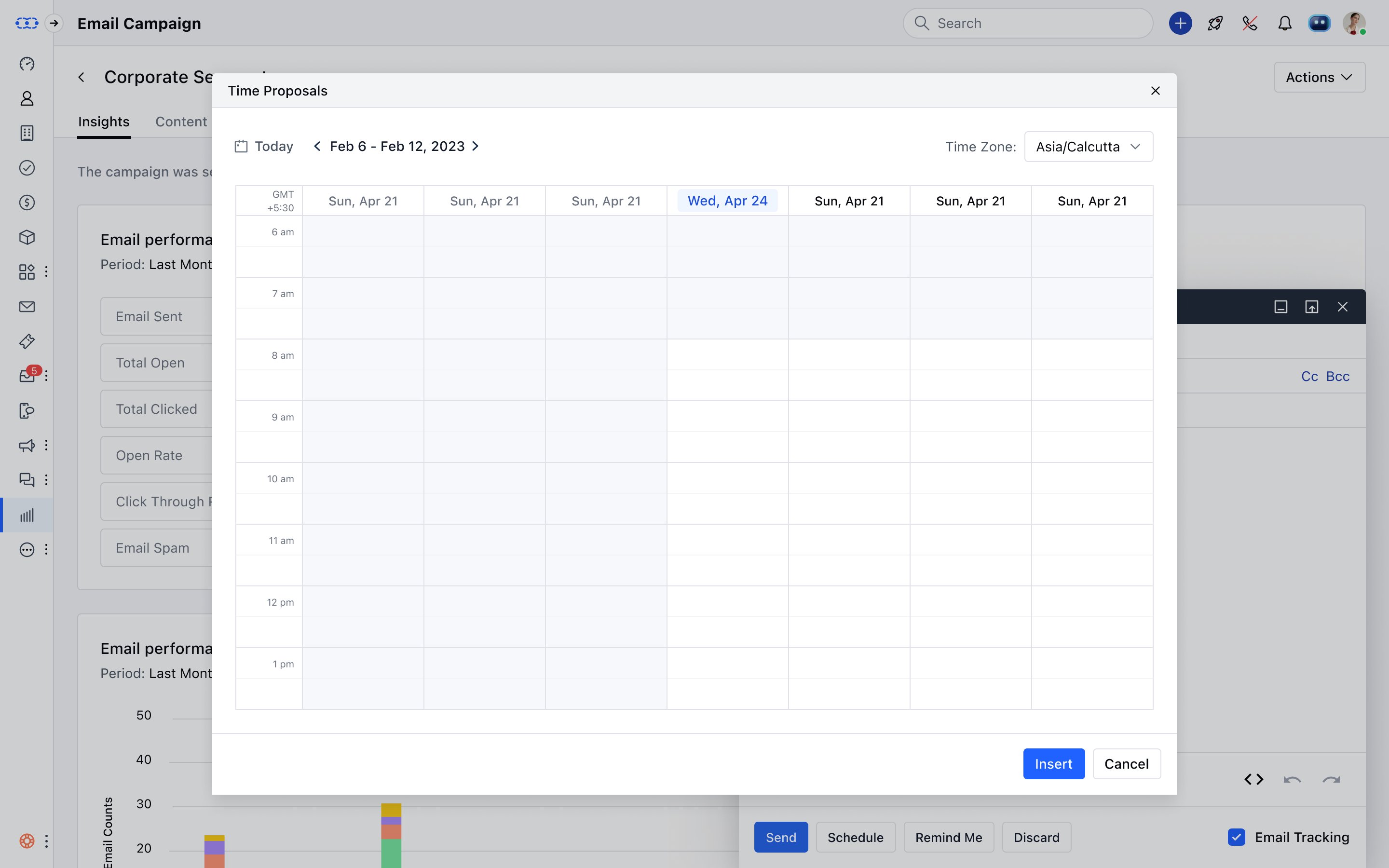 Time Proposals modal - weekly calendar view for picking up to 3 timeslots to insert into email
