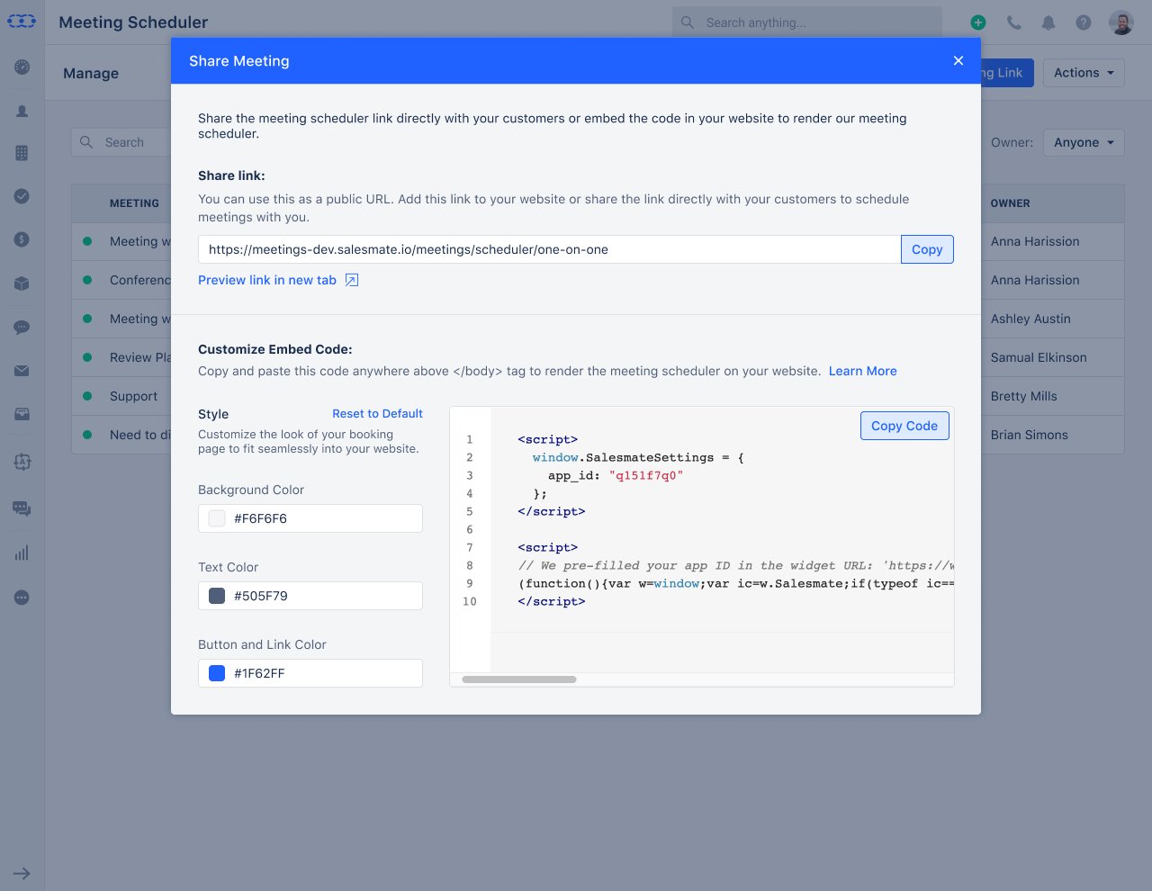 Share Meeting - public URL + customisable embed code with background, text, and button colour pickers