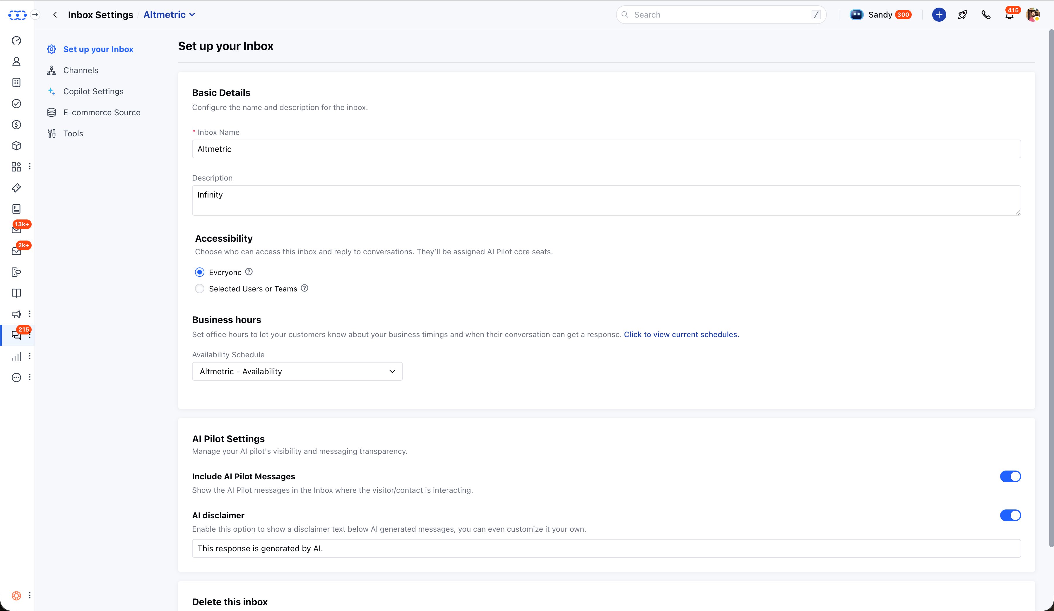 Inbox Settings - name, accessibility, business hours, AI Pilot visibility and disclaimer controls