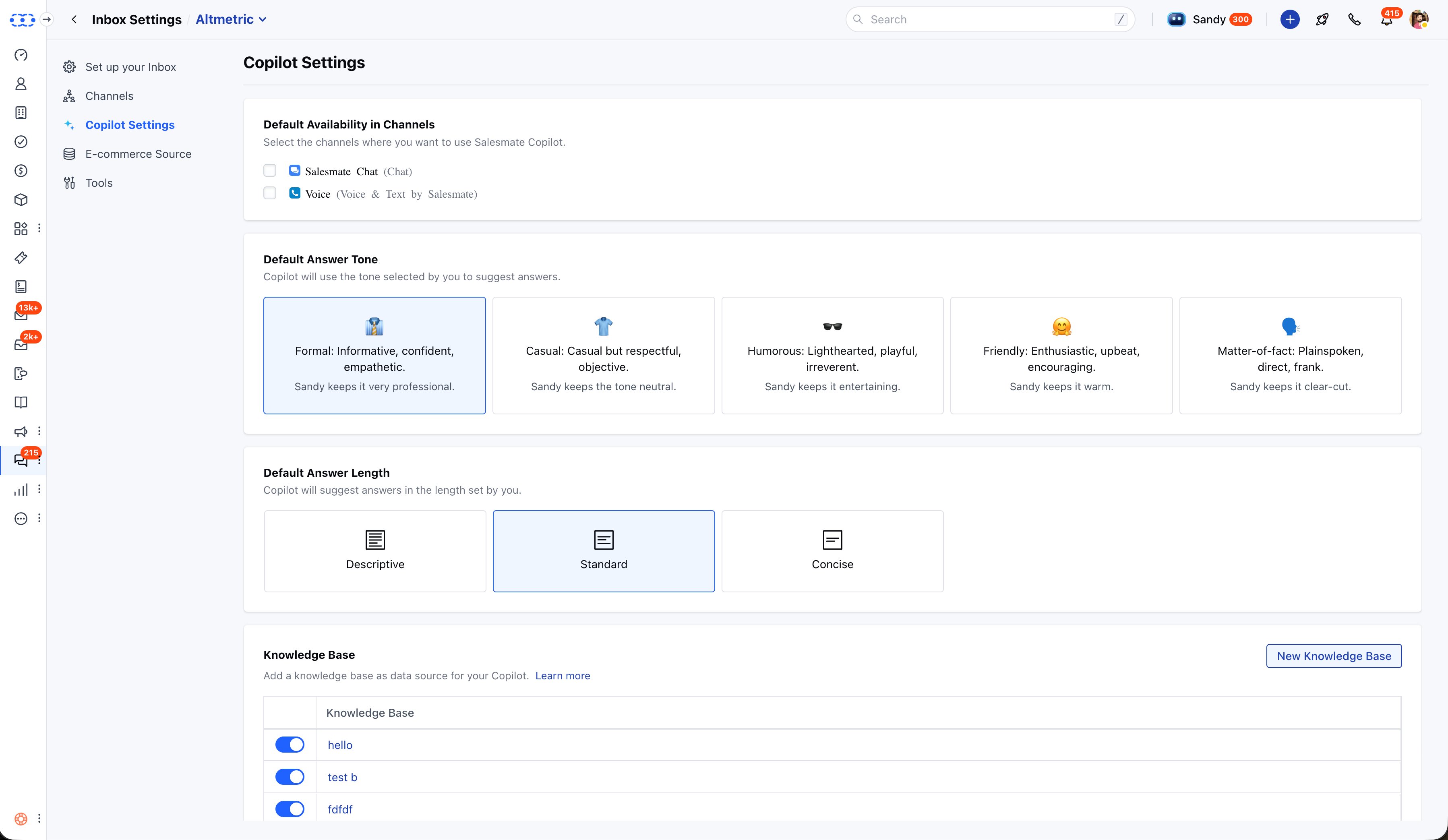 Copilot Settings - channel selection, tone, answer length, and knowledge base per inbox