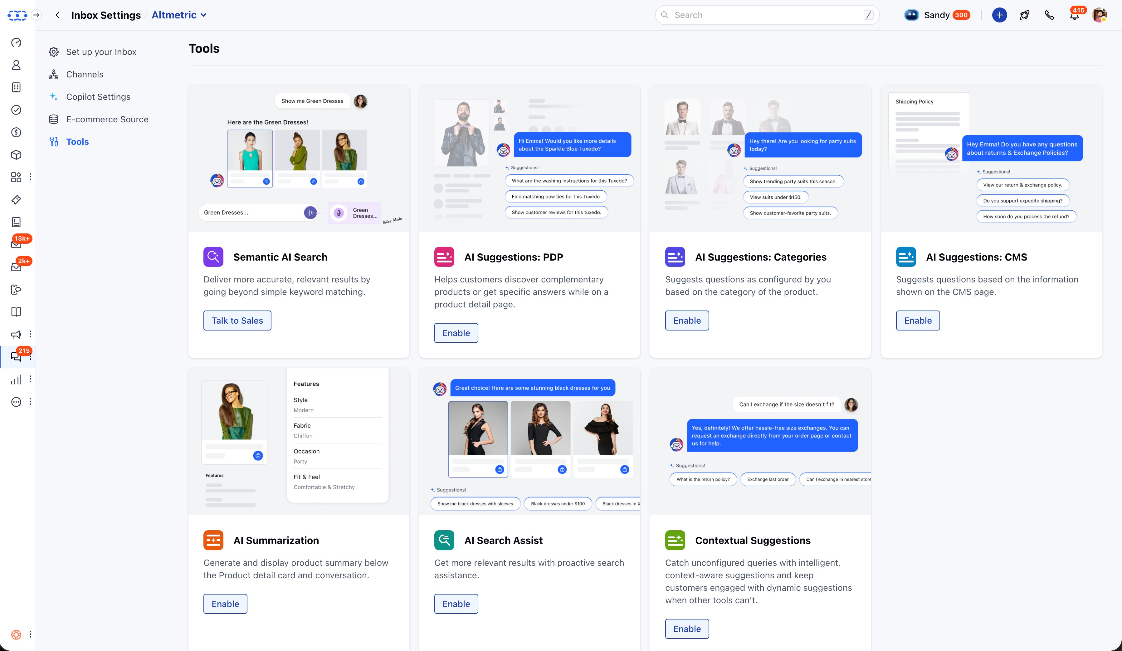 Tools - seven AI-powered eCommerce capabilities, each independently toggleable