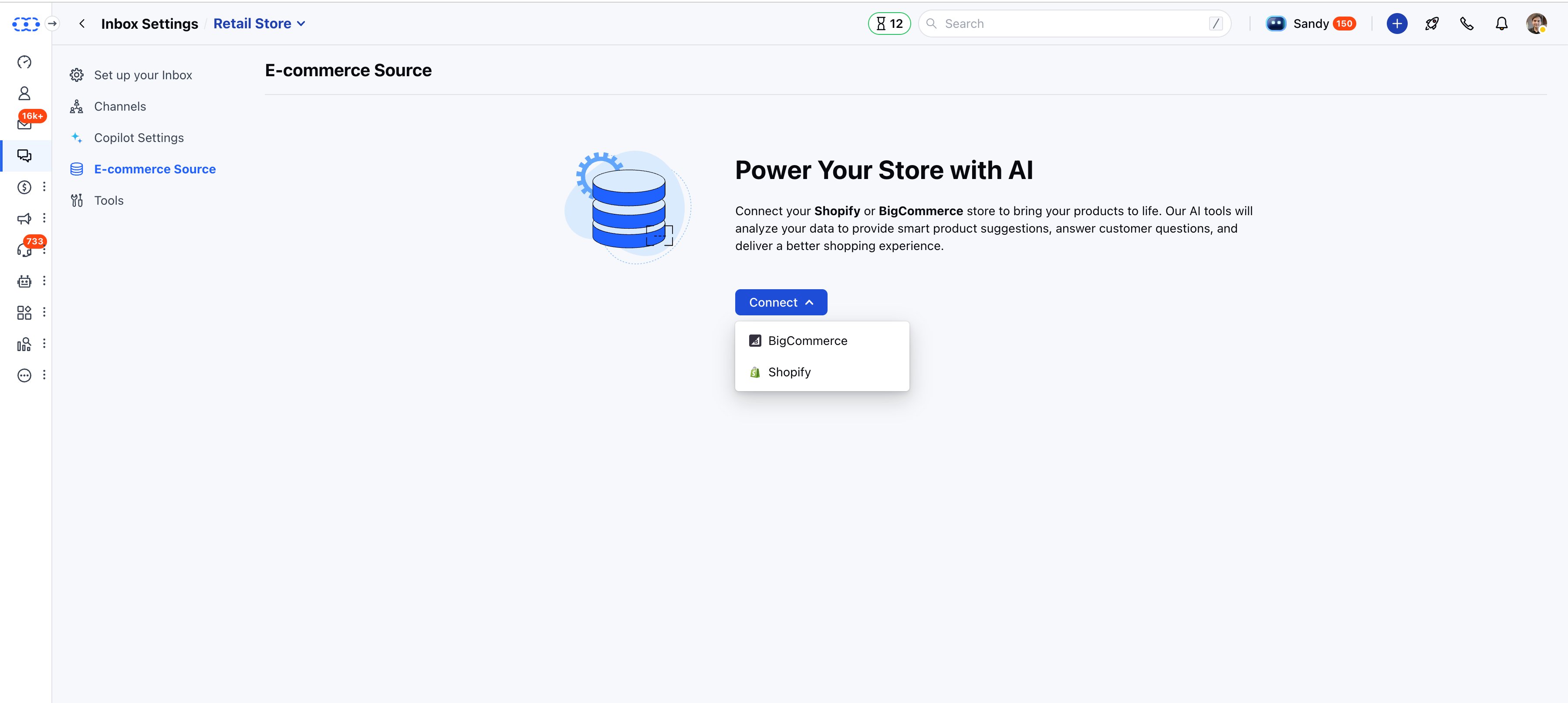 E-commerce Source - connect Shopify or BigCommerce to power all AI tools